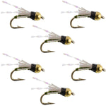 Set of 6 Beadhead Olive 3 Dollar Dip Nymph trout wet flies for fly fishing, size 16, by The Fly Fishing Place.