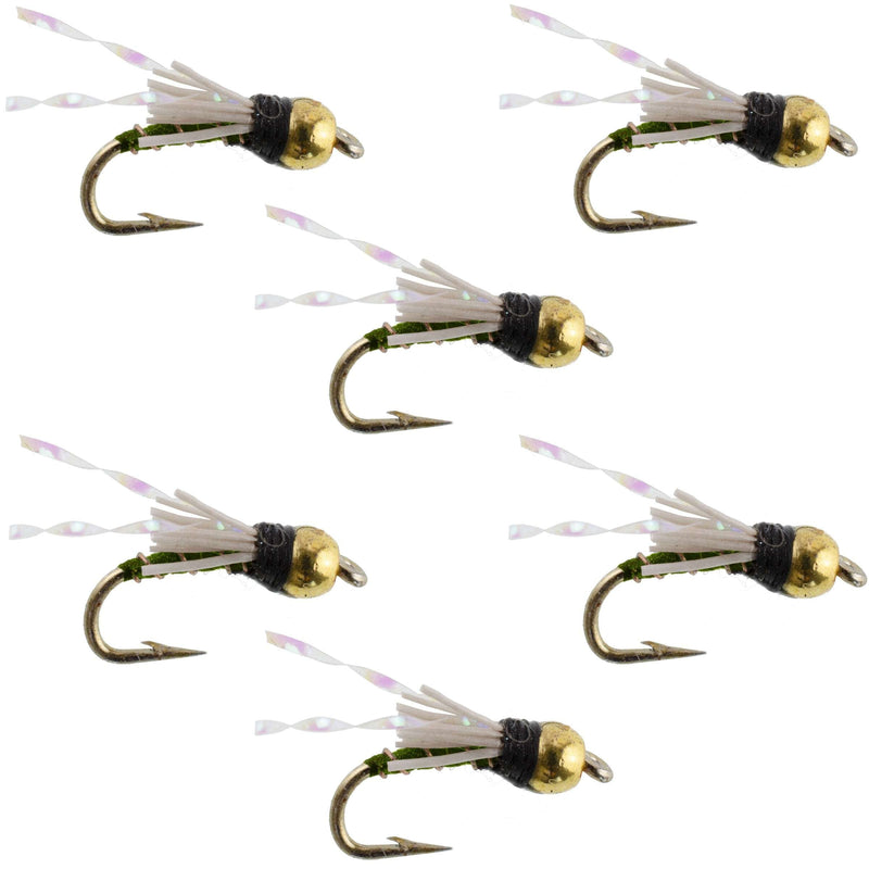 Set of 6 Beadhead Olive 3 Dollar Dip Nymph trout wet flies for fly fishing, size 16, by The Fly Fishing Place.