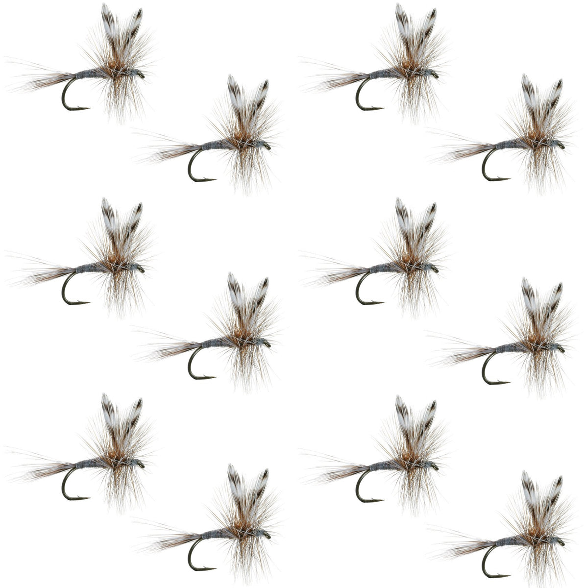 Set of 12 Adams Classic Dry Fly fishing flies for trout, size 16, featuring realistic dry fly designs by The Fly Fishing Place.