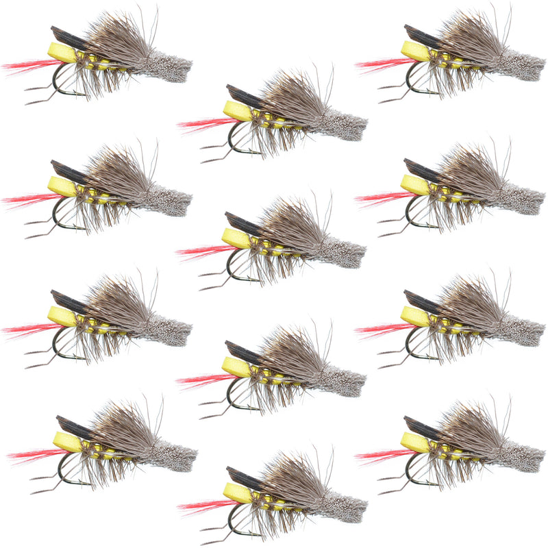 Set of 12 Daves Hopper yellow foam grasshopper dry flies for trout fishing, size 12, by The Fly Fishing Place.