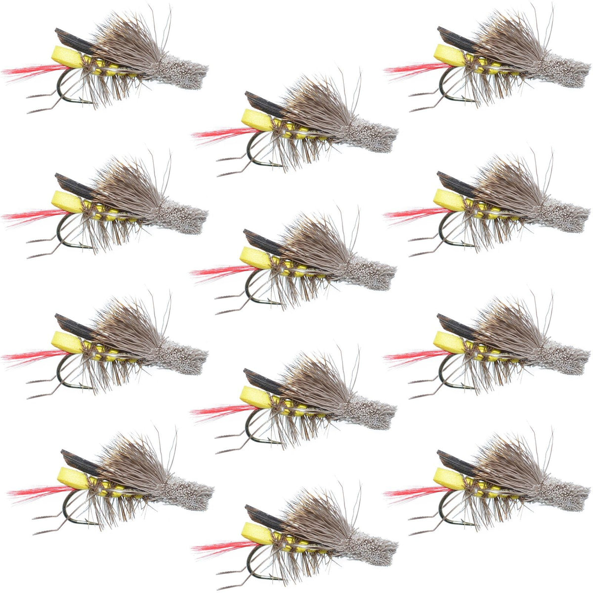 Box of 12 yellow foam Daves Hopper trout dry flies size 10, designed for fly fishing, by The Fly Fishing Place.