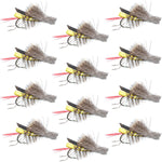 Set of 12 yellow foam hopper dry flies for trout fishing, size 8, by The Fly Fishing Place, featuring realistic grasshopper design.