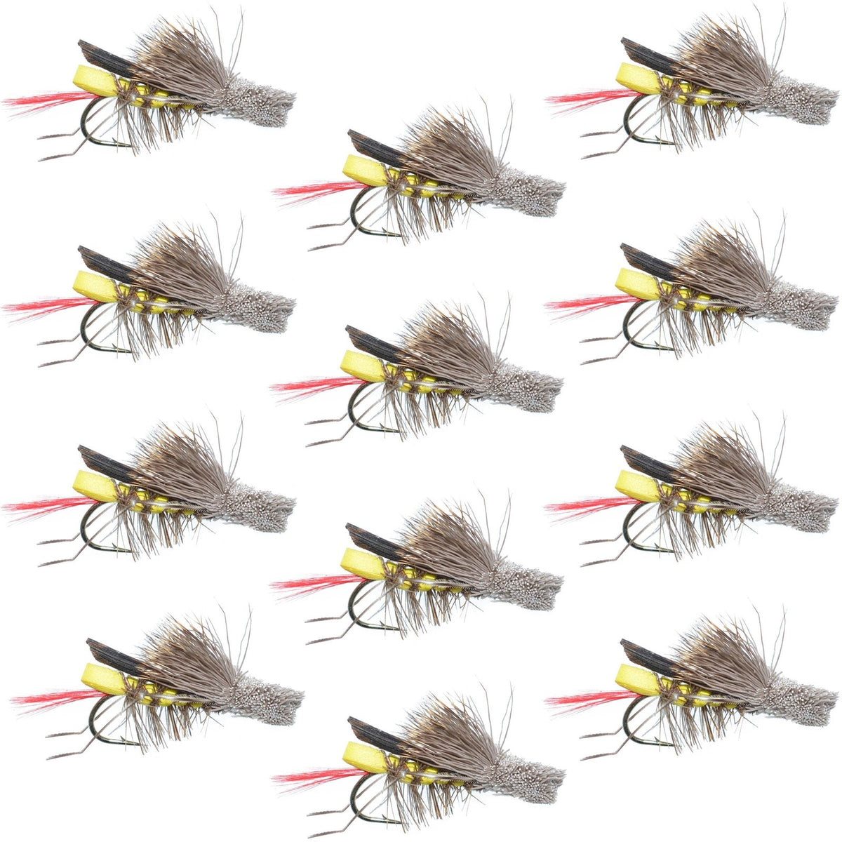 Set of 12 yellow foam hopper dry flies for trout fishing, size 8, by The Fly Fishing Place, featuring realistic grasshopper d