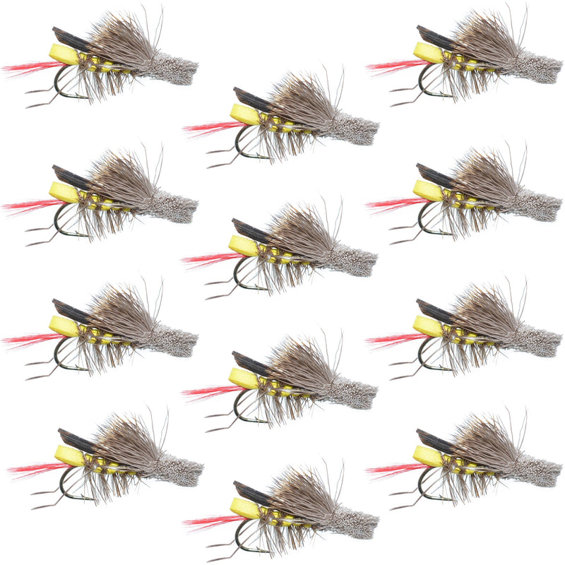 Set of 12 yellow foam hopper dry flies for trout fishing, size 8, by The Fly Fishing Place, featuring realistic grasshopper design.