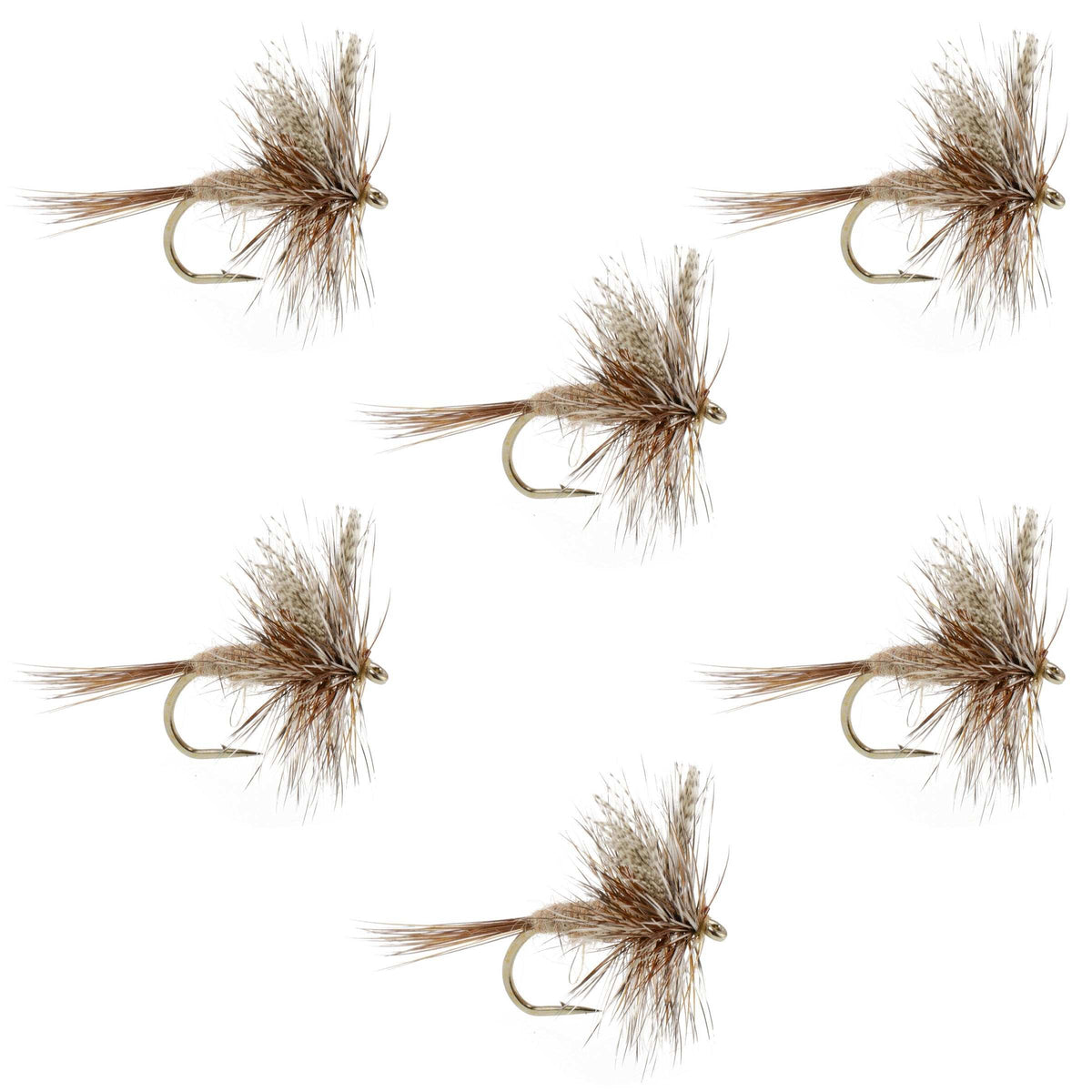 Six March Brown Classic Dry Flies for trout fishing, size 14, by The Fly Fishing Place, detailed close-up of the flies on a fishing line.