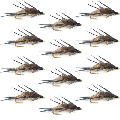 Set of 12 double bead gold ribbed hare's ear nymph trout and bass wet flies for fly fishing, size 10 hooks, by The Fly Fishing Place.