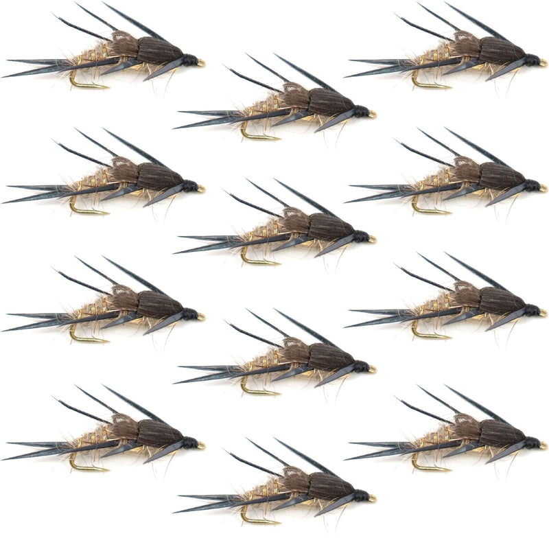 Set of 12 double bead gold ribbed hare's ear nymph trout and bass wet flies for fly fishing, size 10 hooks, by The Fly Fishing Place.