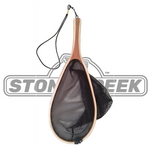 Stone Creek Outfitters wooden landing net with a wooden handle and mesh scoop for fishing or outdoor use.
