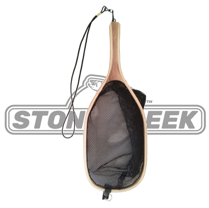Stone Creek Outfitters wooden landing net with a sturdy handle and fine mesh for catch and release fishing.