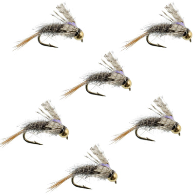 Set of 6 Barrs Baetis Emerger BWO Wet Flies for trout fishing, hook size 18, with realistic nymph and emerger details.