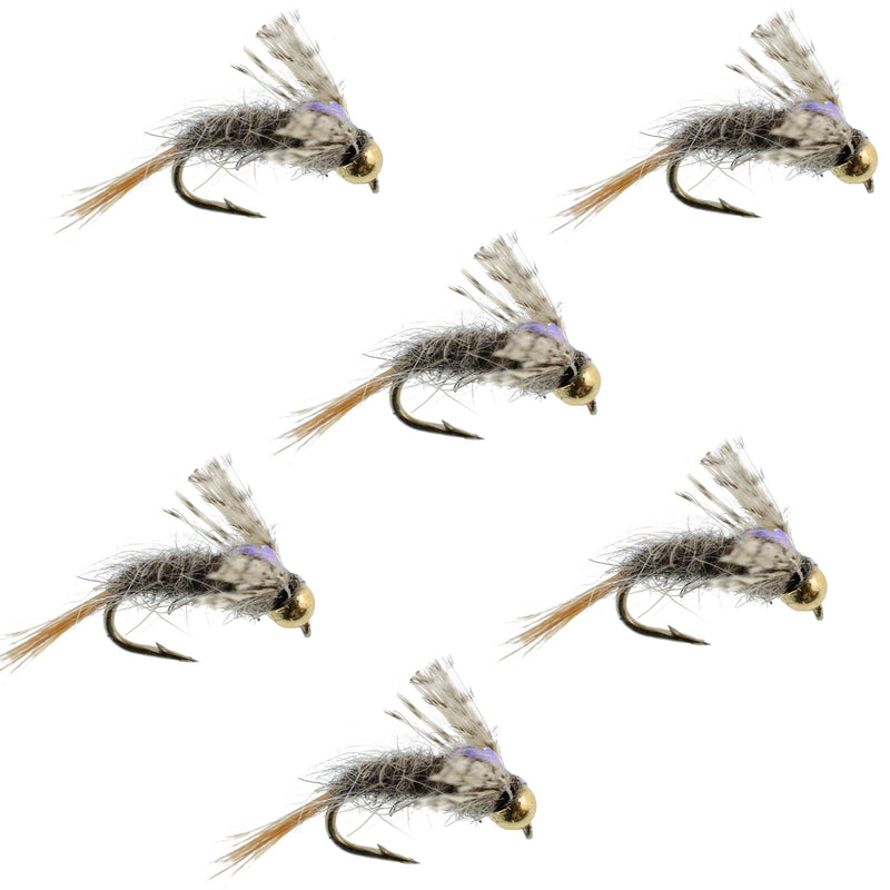 Set of 6 Barrs Baetis Emerger BWO Wet Flies for trout fishing, hook size 18, with realistic nymph and emerger details.