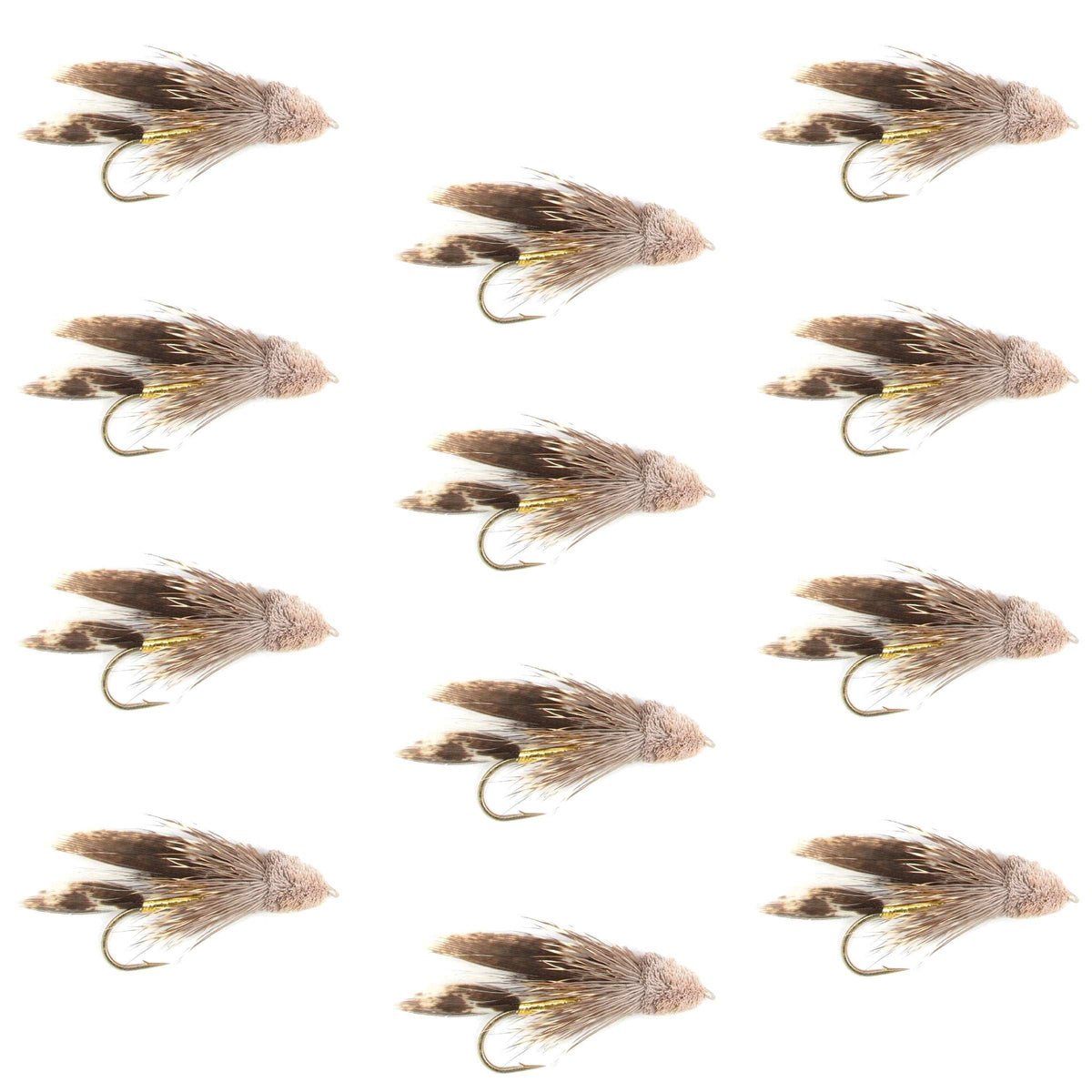 Set of 12 Muddler Minnow streamer trout wet flies with size 6 hooks, designed for fly fishing by The Fly Fishing Place.