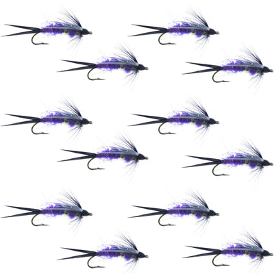 Set of 12 purple Psycho Prince Nymph wet flies for trout fishing with double beads, size 10 hooks, by The Fly Fishing Place.