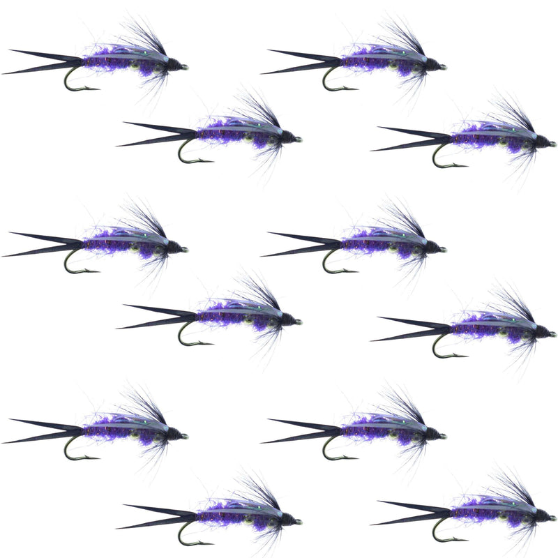 Set of 12 purple Psycho Prince Nymph wet flies for trout fishing with double beads, size 10 hooks, by The Fly Fishing Place.