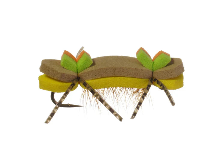 Montana Chernobyl Hopper fly in yellow and tan, designed by Clouser's Fly Shop, with detailed feather and foam construction.