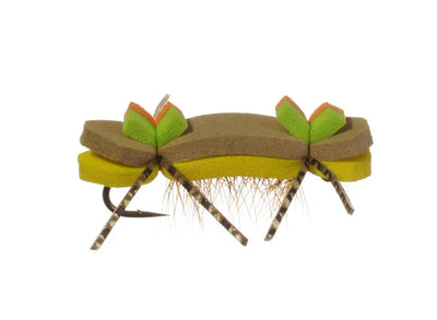 Montana Chernobyl Hopper fly in yellow and tan, designed by Clouser's Fly Shop, with detailed feather and foam construction.