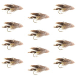 Set of 12 Muddler Minnow streamer fishing flies for trout, size 8, with colorful feathers and hooks, designed for fly fishing.
