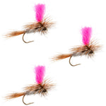 Three Adams Hi-Viz Parachute Dry Flies in size 10, pink color, designed for trout fishing, by The Fly Fishing Place.