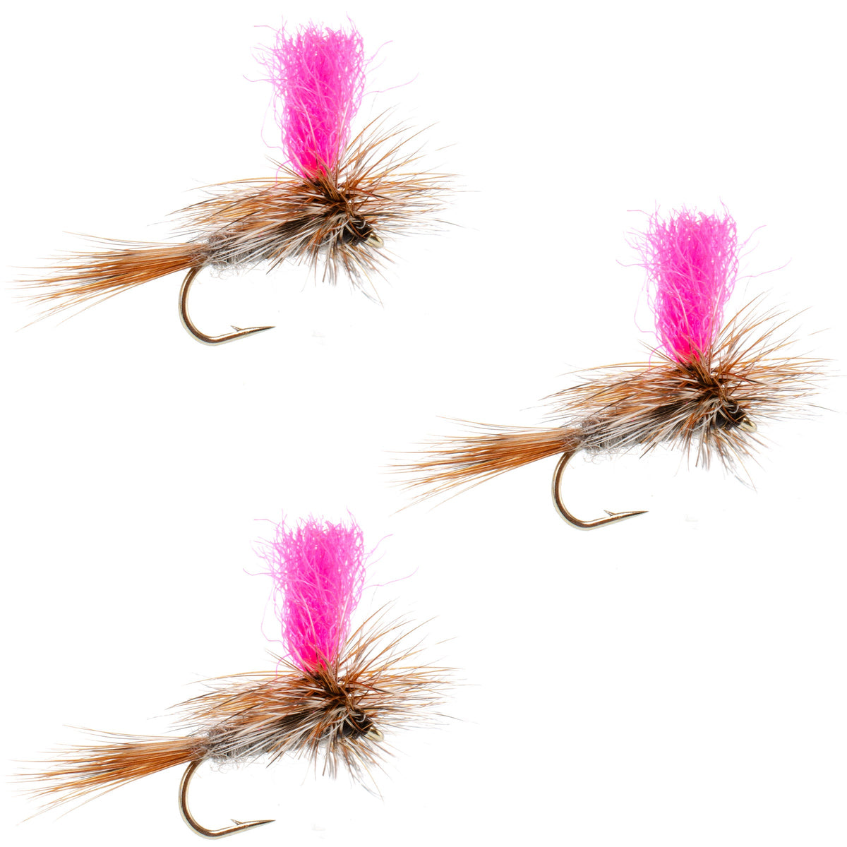 Three Adams Hi-Viz Parachute Dry Flies in pink, hook size 18, designed for trout fishing, shown in a collection image.