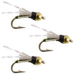 Set of 3 Olive Nymph Trout Wet Flies by The Fly Fishing Place, size 18, featuring beadhead design for fly fishing.