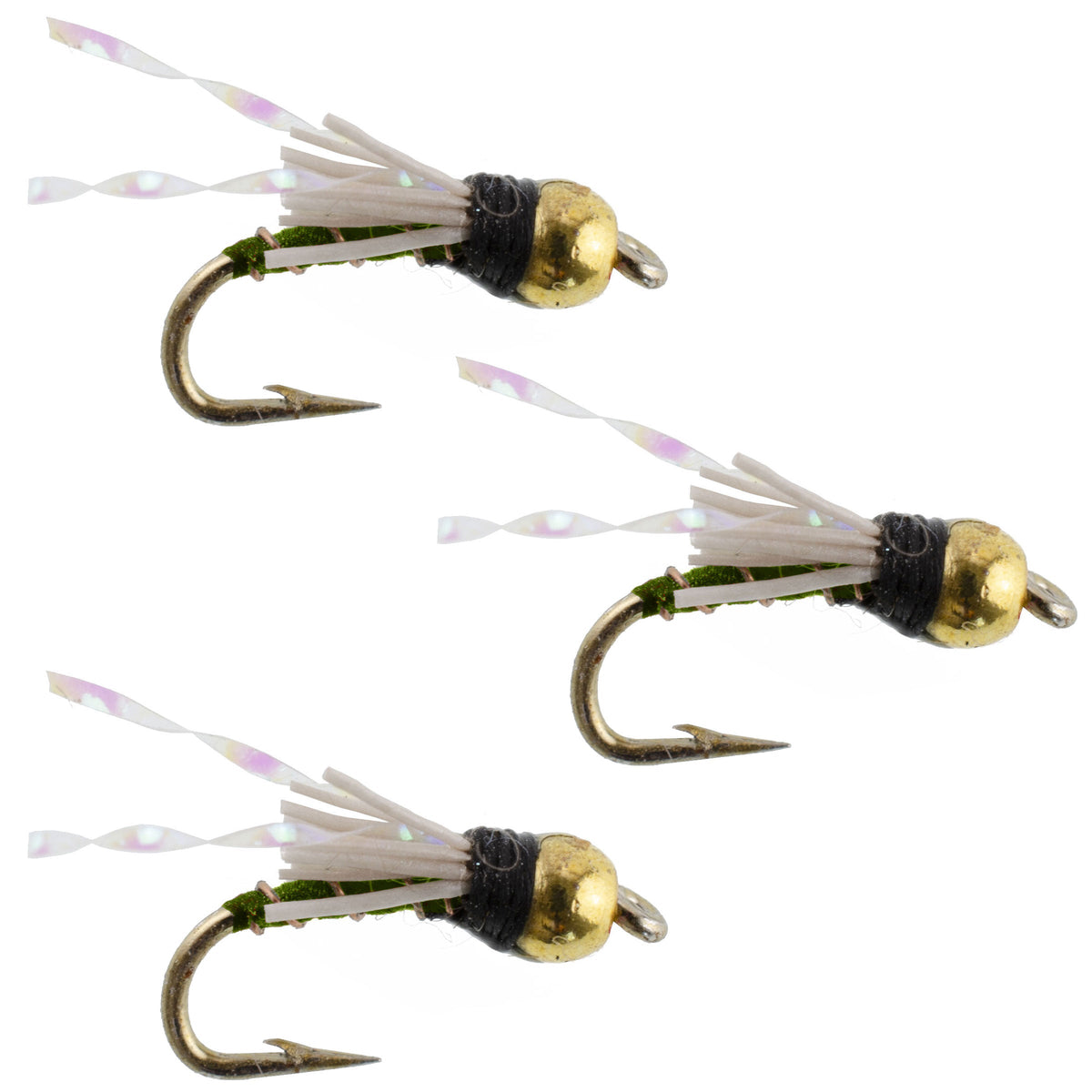Set of 3 Olive Nymph Trout Wet Flies by The Fly Fishing Place, size 18, featuring beadhead design for fly fishing.