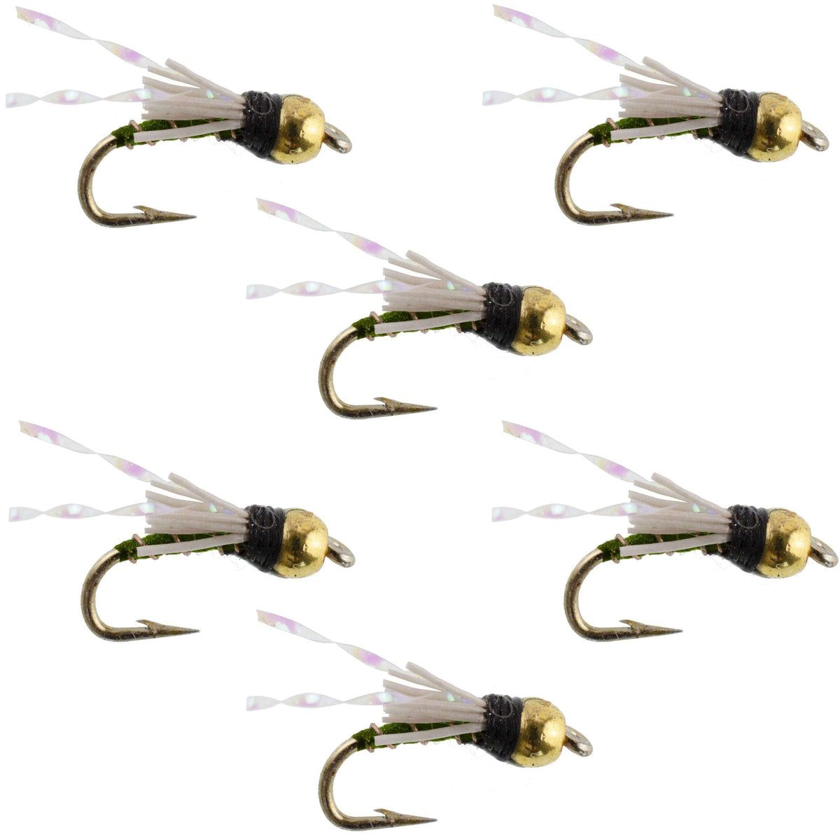 Set of 6 Beadhead Olive 3 Dollar Dip Nymph trout wet flies for fly fishing, size 18, by The Fly Fishing Place.
