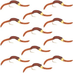 Set of 12 San Juan Bead Head Power Worm Brown V-Rib trout wet flies with hook size 10 for fly fishing.