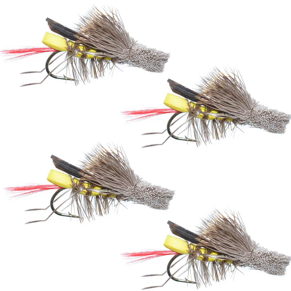 Four yellow foam Daves Hopper fly fishing dry flies with hook size 12 for trout fishing, from The Fly Fishing Place.