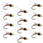 Set of 12 Beadhead Red 3 Dollar Dip Serendipity Nymph trout wet flies, size 16, by The Fly Fishing Place for fly fishing.