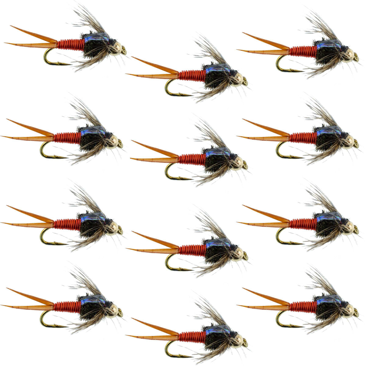 Set of 12 Bead Head Hot Orange Copper John Nymph trout wet flies with hooks size 10, designed for fly fishing by The Fly Fishing Place.