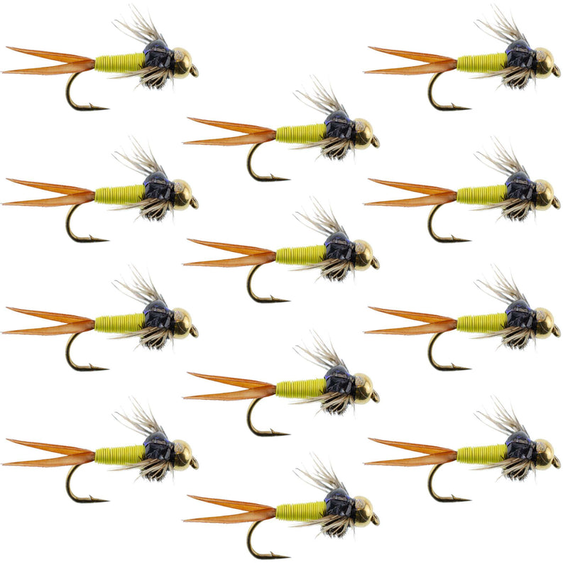 Set of 12 Bead Head Hot Yellow Copper John Nymph trout wet flies with hooks size 12 for fly fishing.