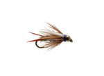 Fishing fly with brown and white feathers on a white background