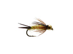 Fishing fly with brown and black body on a white background
