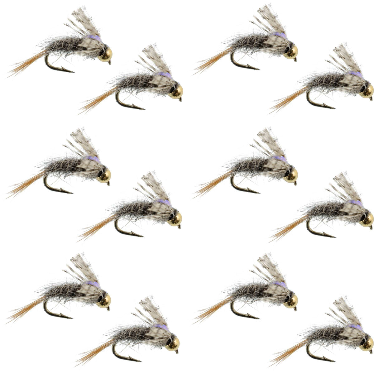 Set of 12 Barrs Baetis Emerger BWO wet flies for trout fishing, size 16, with detailed fly hooks in natural colors.