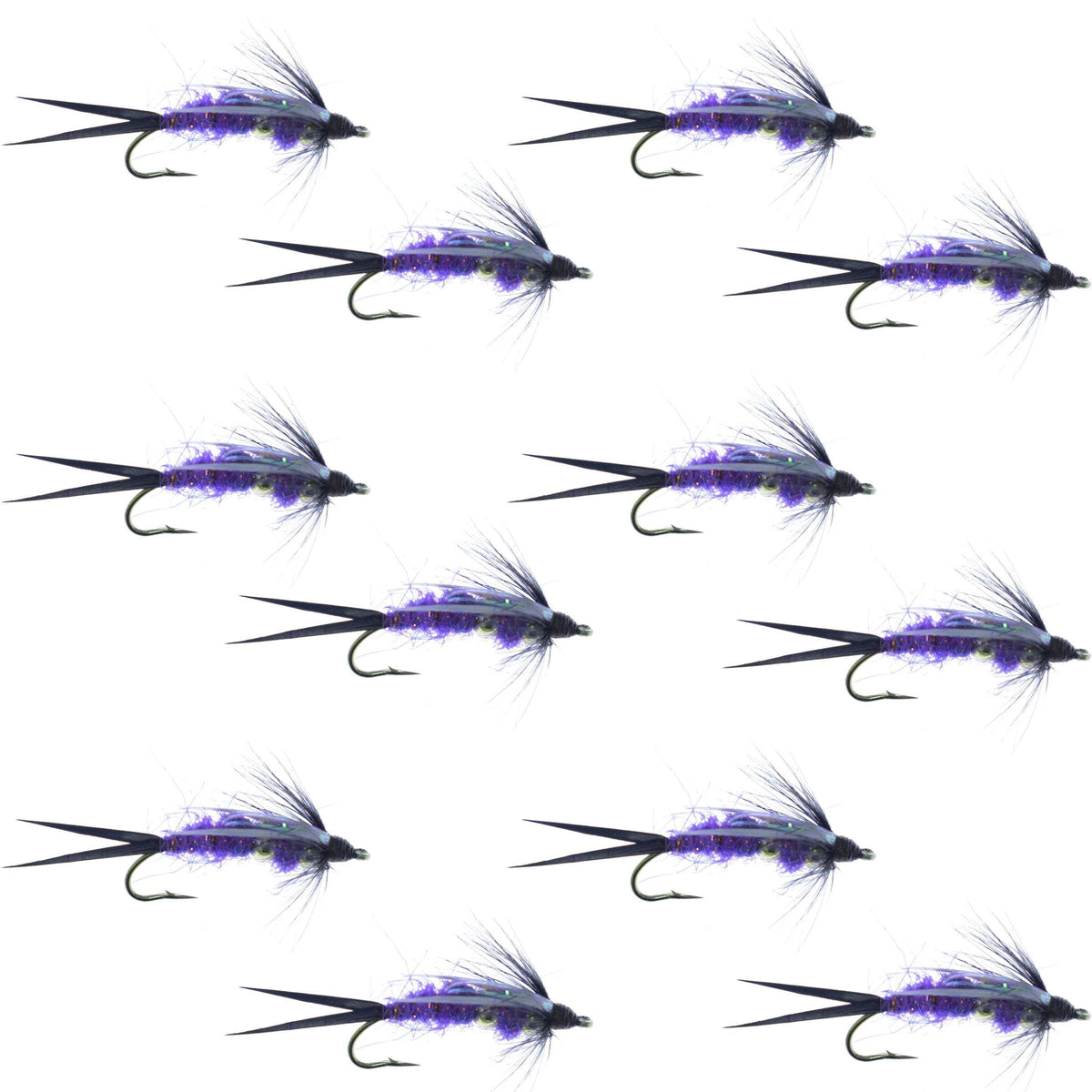 Set of 12 purple Psycho Prince Nymph wet flies with double bead hooks, size 14, for trout fly fishing from The Fly Fishing Place.