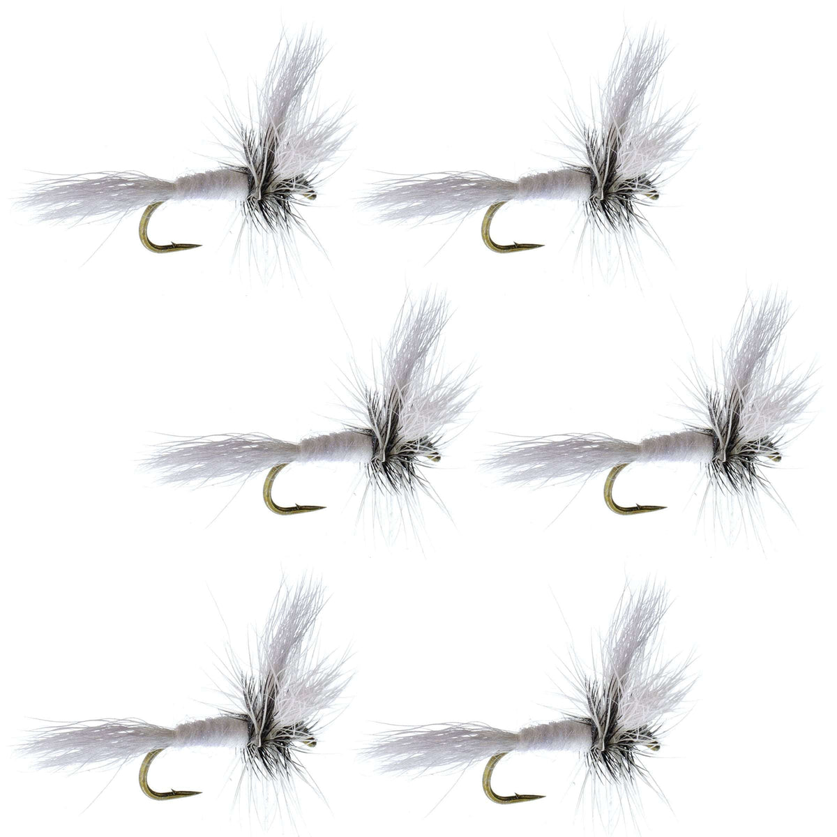 Set of six Barbless White Wulff Classic Hair Wing Dry Flies for trout fishing, size 12, by The Fly Fishing Place