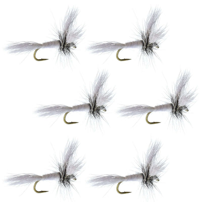 Set of six Barbless White Wulff Classic Hair Wing Dry Flies for trout fishing, size 12, by The Fly Fishing Place