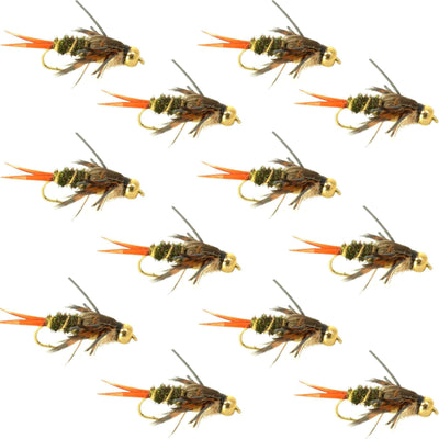 Set of 12 trout nymph flies featuring double bead twenty-incher nymphs for fly fishing, hook size 12, from The Fly Fishing Place.
