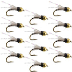 Set of 12 Beadhead Black 3 Dollar Dip Serendipity Nymph trout wet flies, size 16, for fly fishing by The Fly Fishing Place.