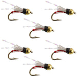 Set of 6 Beadhead Red 3 Dollar Dip Serendipity Nymph trout wet flies, size 18, designed for fly fishing by The Fly Fishing Place.