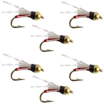 Set of 6 Beadhead Red 3 Dollar Dip Serendipity Nymph trout wet flies, size 18, designed for fly fishing by The Fly Fishing Place.