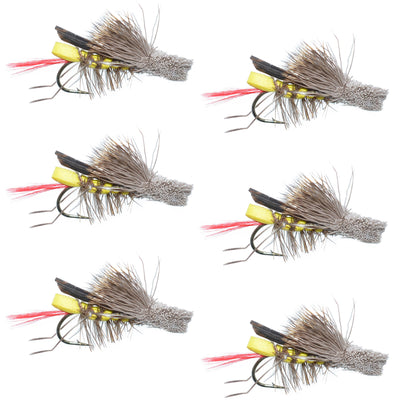 Six Daves Hopper yellow foam body grasshopper dry flies for trout fishing, hook size 12, by The Fly Fishing Place.