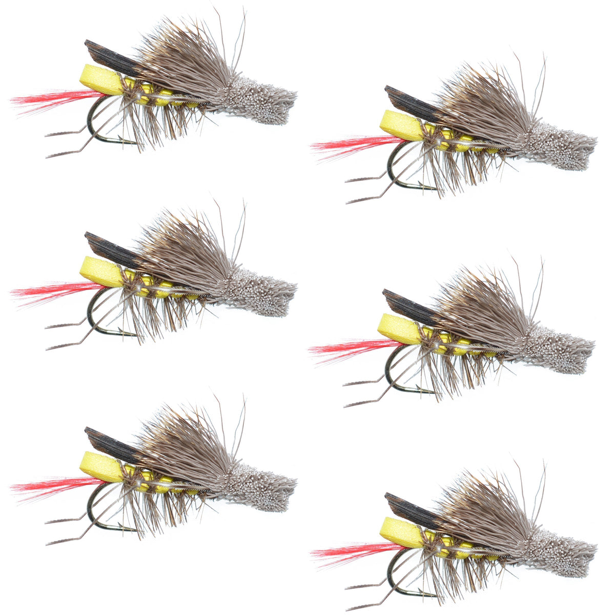 Six Daves Hopper yellow foam grasshopper dry flies for trout fishing, size 8, with realistic foam bodies and hooks.