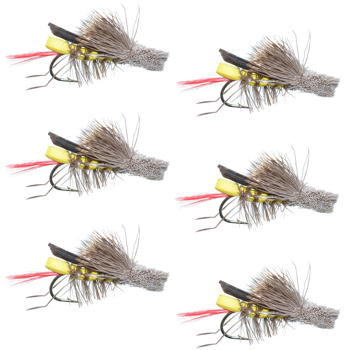 Six Daves Hopper yellow foam grasshopper dry flies for trout fishing, hook size 10, by The Fly Fishing Place.