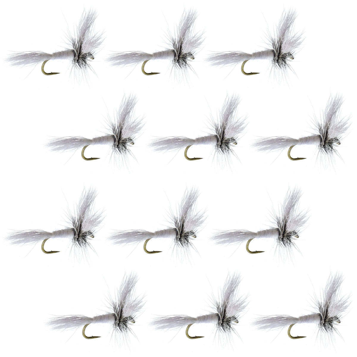 Set of 12 Barbless White Wulff Classic Hair Wing Dry Flies for trout fishing, size 10, from The Fly Fishing Place.
