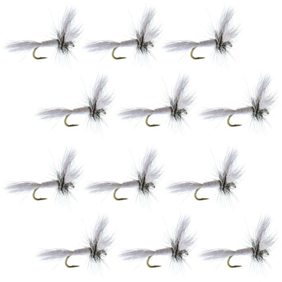 Set of 12 Barbless White Wulff Classic Hair Wing Dry Flies for trout fishing, size 10, from The Fly Fishing Place.