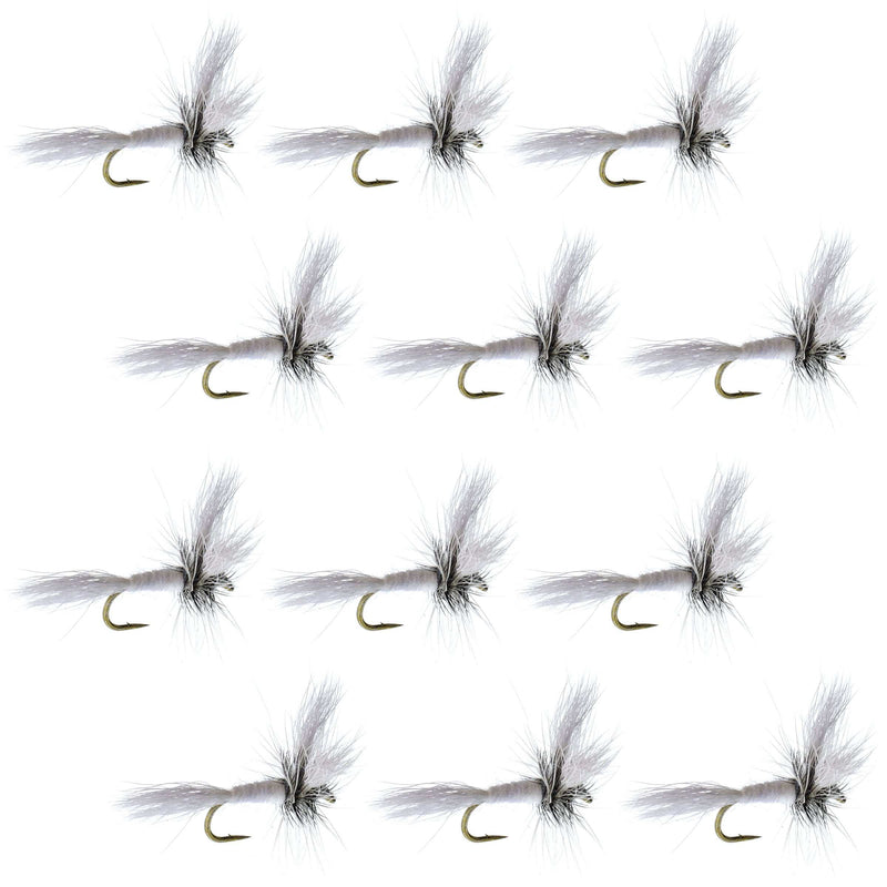 Set of 12 Barbless White Wulff Classic Hair Wing Dry Flies for trout fishing, size 10, from The Fly Fishing Place.