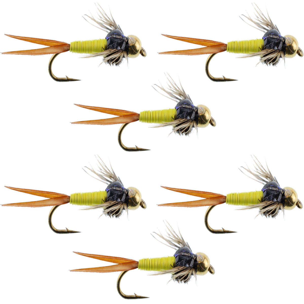 Set of six Bead Head Hot Yellow Copper John Nymph trout wet flies with size 14 hooks for fly fishing.