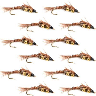 Set of 12 double bead pheasant tail nymph trout wet flies with hooks, size 10, for fly fishing by The Fly Fishing Place.