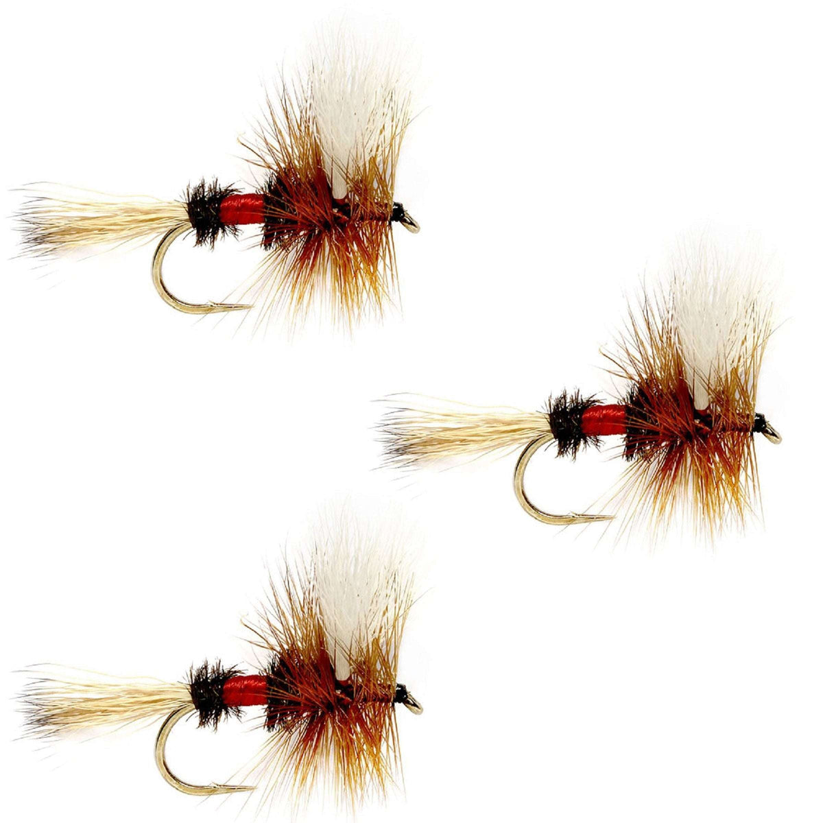 Set of three Royal Wulff Classic Hair Wing Dry Flies, size 12, for fly fishing, with detailed feather wings and durable hooks.